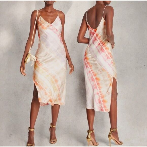 AllSaints Melody Marea Sunset Tie-Dye Silk Slip Dress Watercolor Midi sz 8 US - Picture 1 of 15